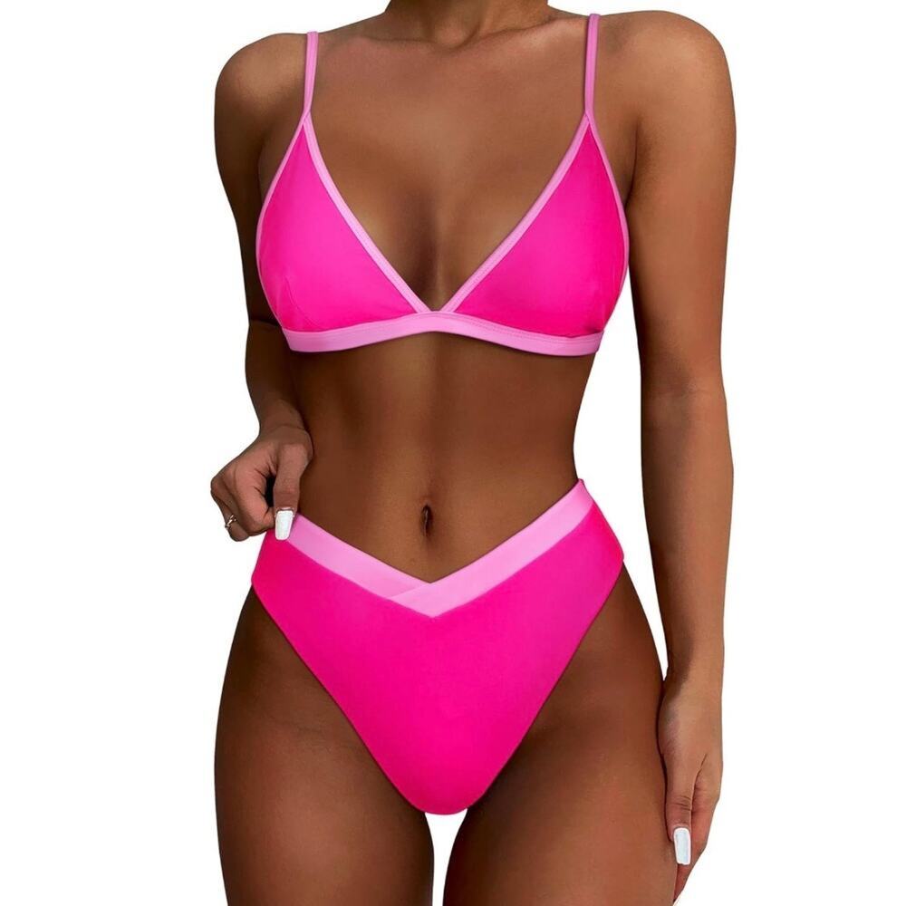 Women 2 Piece Bikini Swimsuit Size M Hot Pink High Waist Triangle Colorblock